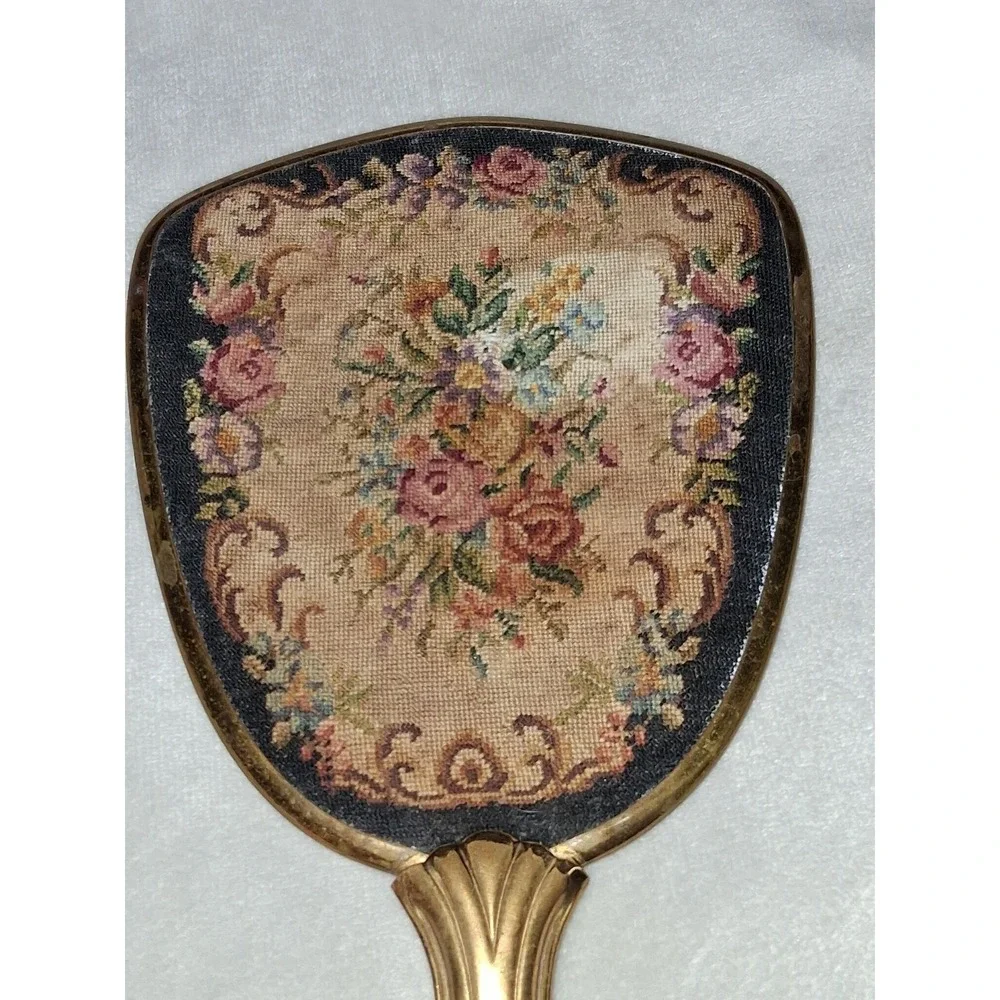 Vintage Floral Petit Point Hand Mirror Brass Tone Vanity Mirror 13.25